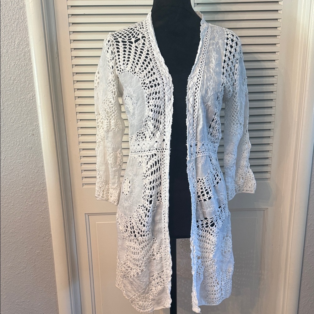 White Crochet Open-Front Cardigan